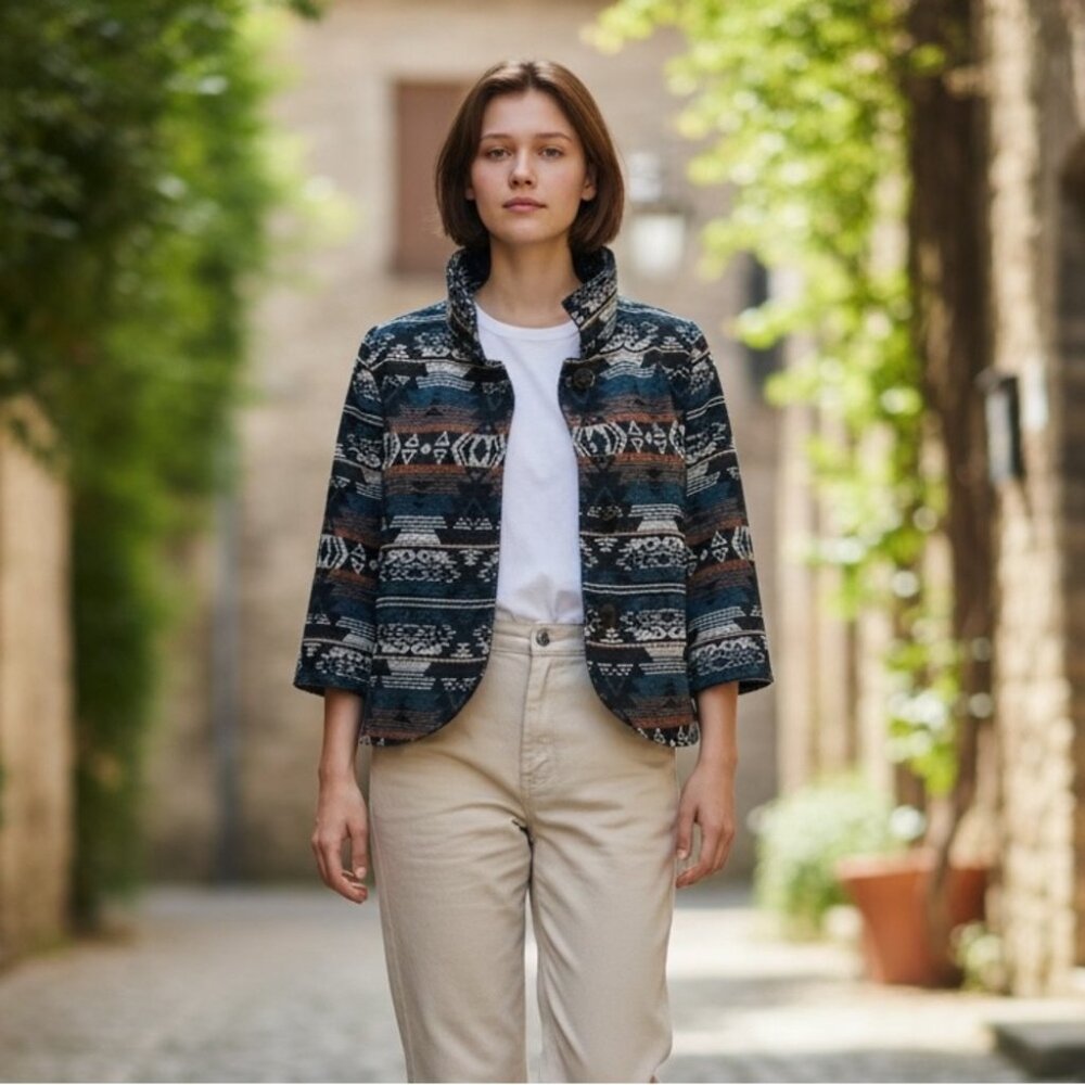 Billabong Womens Aztec Print Snap Up Small Jacket Southwest‎ High Neck Wool Coat